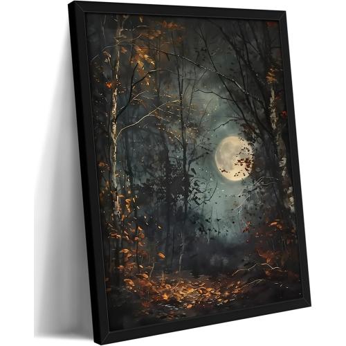 Vintage Framed Wall Art, Forest Gothic Decor, Dark Academia Celestial Moon Canvas Prints, Moody Landscape Painting Wall Decor for Living Room Bedroom – Black Wooden Frame 16x24in