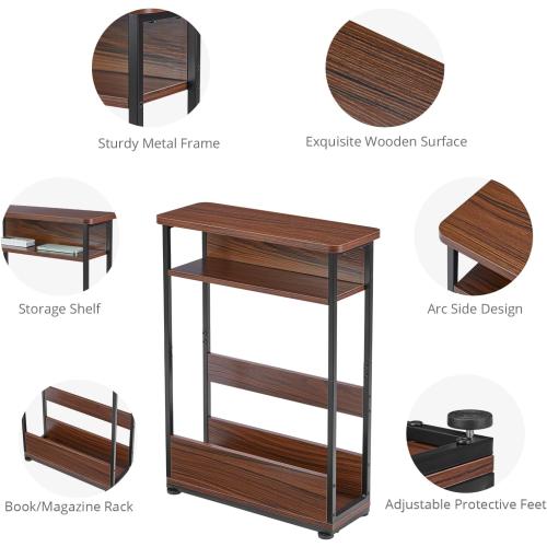 Vintage Narrow Side Table with Storage Shelf, 3 Tier Slim End Table Modern Sofa Table for Narrow and Small Spaces, 24.6 Inch Height Bedside Table Small Nightstand with Magazine Rack