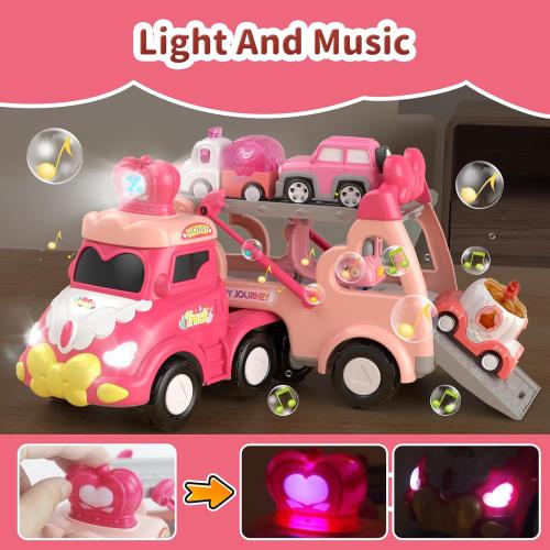 Toddler Girl Truck Toys for 2 3 Year Old Girl Birthday Gifts, 7-in-1 Pink Princess Car Transport Carrier Trucks for Toddlers 2-4, Friction Power Toy Cars with Lights & Music, My daughter First Gift