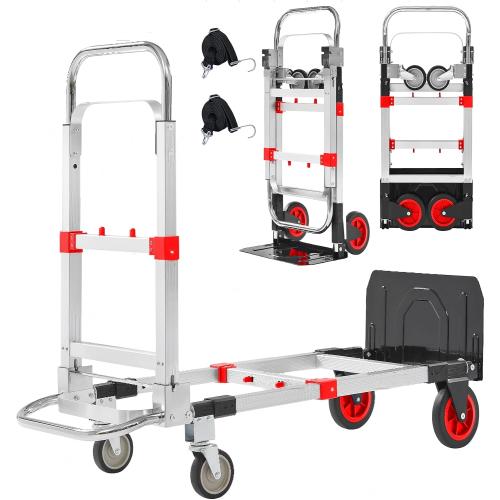Upgraded 3 in 1 Aluminum Folding Hand Truck, 600lbs Capacity, Heavy Duty Convertible Dolly with Retractable Handle and 4 Rubber Wheels, Collapsible Cart for Moving Home, Office, Warehouse (Red)