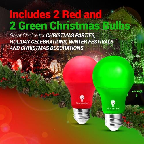 4 Pack LED Red and Green Light Bulbs - 120V E26 Base 9 Watt (60-watt Replacement) - Red and Green Bulbs for Party Decoration, Porch, Home Lighting, Christmas 4 Pack