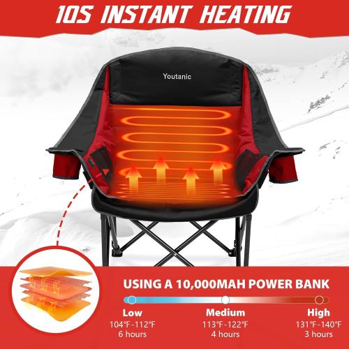 Youtanic Oversized Extra Large Heated Padded Camping Chair up to 500lbs, 3 Heat Levels Camp Chair with Carry Bag, Outdoor Heating Folding Chairs for Adults, Fishing, Sports, Picnic, Red-Black