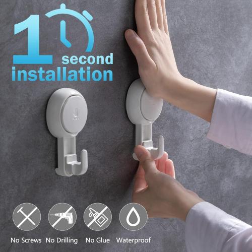White 4 Pack LEVERLOC Heavy Duty Suction Cup Shower Hooks 4 Pack, Damage-Free Shower Hangers for Inside Bathroom Wall, Powerful Vacuum Suction Towel Hooks, Loofah Holders, Easy to Install and Remove, White