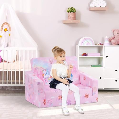 Pink 41L * 23.5W Foldable Kids Sofas Couch 2 in 1 Children Convertible Sofa to Lounger Flip Open Toddlers Sofa Bed