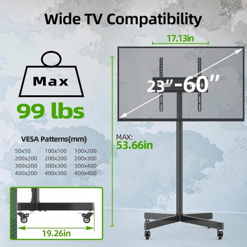 USX Mount Mobile TV Cart Rolling TV Stand with Wheels for 23-60 LCD LED Flat/Curved Panel Screens,Height Adjustable Floor Stand Holds up to 99Lbs Portable Stand,Max VESA 400x400mm