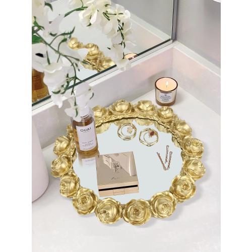 Color Gold Vixdonos Decorative Round Mirror Tray Bathroom Vanity Tray with Gold Resin Rose for Perfume,Jewelry and Makeup