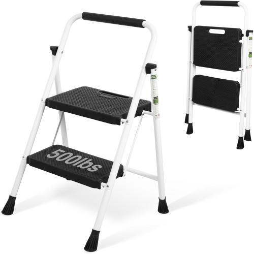 White 2 Step Ladder, Portable Steel Folding Step Stool with Wide Anti-Slip Pedal & Convenient Handgrip, 500lbs Sturdy Steel Ladder, White