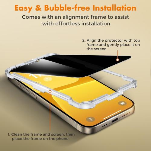 UNBREAKcable Privacy Screen Protector for iPhone 15 Pro, Anti-Spy Shatterproof Tempered Glass [True 28°Anti Spy] [9H Hardness] [Easy Installation Frame] Black Protector for Apple iPhone 6.1 - 2 Pack