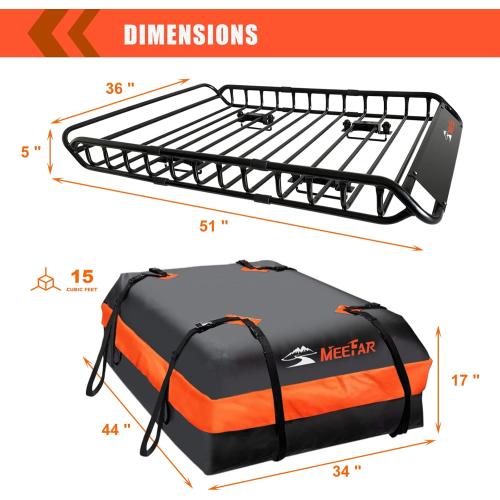 MeeFar Roof Rack Carrier Basket Universal Rooftop 51 X 36 X 5   Waterproof Bag 15 Cubic Feet (44 34 17), and Cargo Net with Attachment Hooks, Ratchet Straps