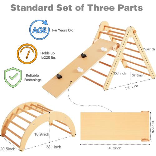 Beright 4 in 1 Pikler Triangle Gym, Montessori Foldable Climber with Ramp, Indoor Climbing Toys for Kids, Climbing Triangle for Toddlers Arch Climber, Rocker, Learning Waldorf Toy Structure, Natural
