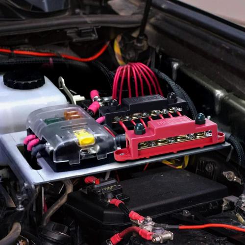 MOFEEZ Power Distribution Block Bus Bar, 4 x 3/8 Posts, 6 x #8 Screws Terminals, Max 48V 250A (Pair, Red & Black)