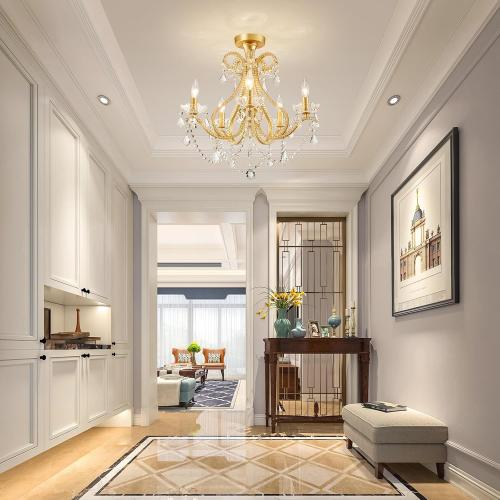 WUZUPS 5-Light Crystal Candle Chandelier Flushmount Ceiling Light Modern Lighting Fixture for Bedroom Hallway Bar Kitchen Bathroom, H 20.9 W 22, E12 Base, Gold