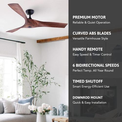 VONLUCE Ceiling Fan No Light, 52 Mid Century Ceiling Fans and Remote Control, 6 Speeds Noiseless DC Motor, 3 ABS Blades, Indoor Ceiling Fan for Kitchen Bedroom Living Room Farmhouse, Walnut