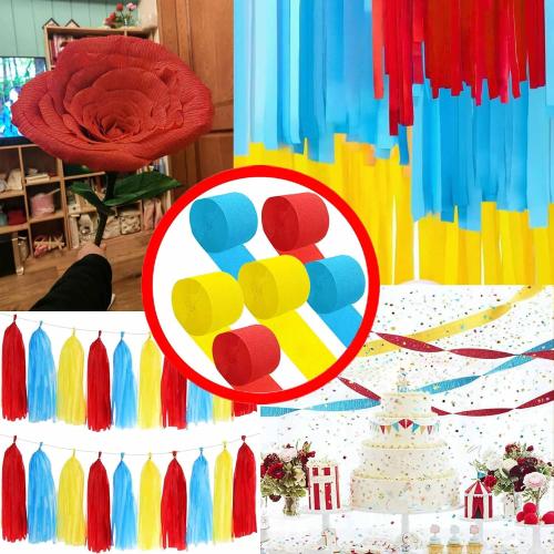Red 1 Blue 2 and Yellow 1  Crepe Paper 4 Pcs Streamers for Party Decorations, Birthday Wedding DIY Crafts, Gift Wrapping Supplies