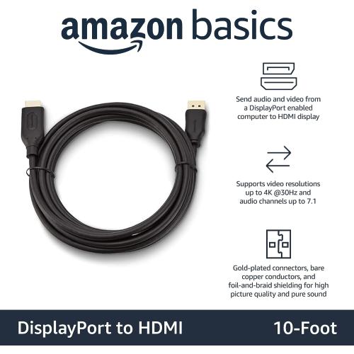 Amazon Basics DisplayPort to HDMI Display Cable, Uni-Directional, 4k@30Hz, 1920x1200, 1080p, Gold-Plated Plugs, 10 Foot, Black