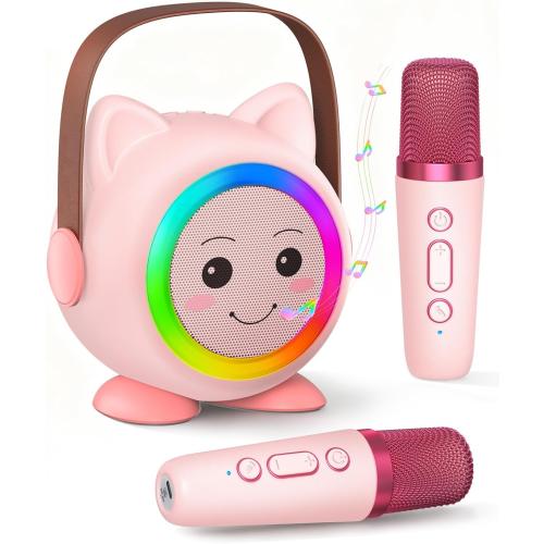 Mini Karaoke Machine Toy for Kids, Portable Karaoke Machine with 2 Wireless Microphone for 4,5,6,7,8,9,10,11,12  Years Old Christmas Birthday Gifts Girls Boys (Pink)