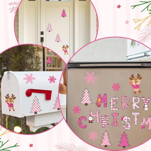 Whaline 22Pcs Merry Christmas Garage Door Magnets Decoration Pink Xmas Tree Santa Snowflake Garage Door Decals Cartoon Magnetic Refrigerator Stickers for Outdoor Party Home Car