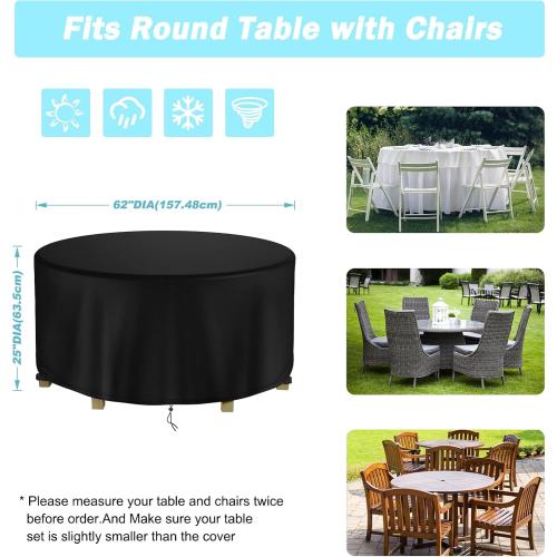 Round Patio Table Cover Waterproof, 62 Diax25 H Heavy Duty Oxford Fabric Outdoor Patio Furniture Cover Patio Table Chair Set Covers for Garden Round Table Dining Set, Black