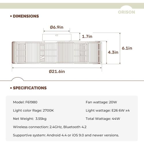 Orison 22 Caged Low Profile Ceiling Fan With Light, Remote, and App Control - Flush Mount, 7 Blades, 6 Speeds, 4 Bulbs