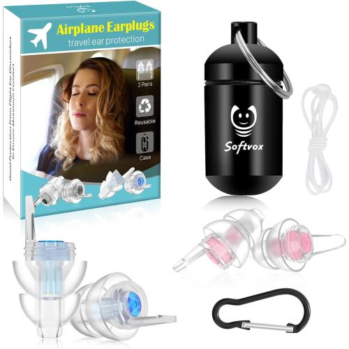 Airplane Ear Plugs Pressure Relief Earplugs 2 Pairs, Prevent Ear-Pain & Reduce Noise 25dB - Flight Essentials, Reusable Soft Plane Earbuds for Adult/Kids 12 , Travel Ear Protection Air Plugs