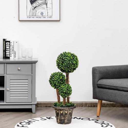 Artificial Boxwood Topiary Tree, 2.5ft Triple Ball Shaped Faux Topiary Tree w/Weighted Pot, Metal Frame, Fake Green Potted Plants Decoration for Indoor/Outdoor/Home/Office, Set of 2