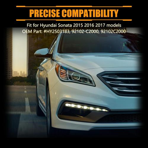 Right Headlight Assembly for 2015 2016 2017 Hyundai Sonata, Passenger Side Halogen Headlamp with Clear Lens Black Housing Amber Reflector (with Bulb), 1 PC, 92102-C2000 92102C2000 HY2503183