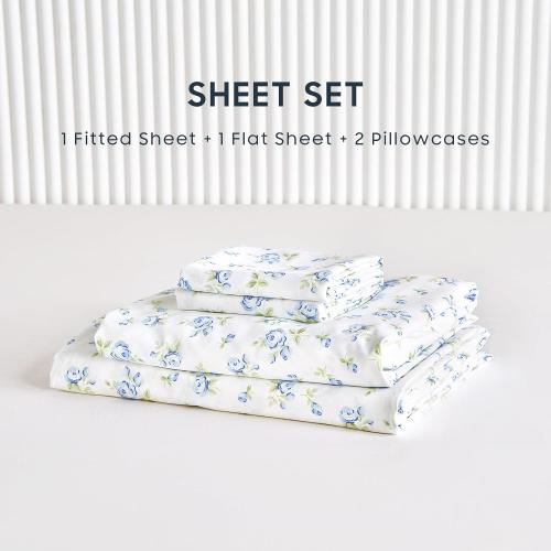MISSING SHEETS FITTED AND TOP Wake In Cloud - Floral Bed Sheets, 4-Piece Sheet Set, Shabby Chic Flower Rose Pattern Printed Coquette Cottagecore Vintage Aesthetic Bedding, Deep Pocket, White Blue, Full Size