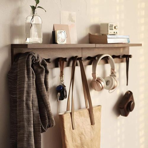 Entrance Coat Rack ，Coat Hooks, Wall-Mounted Wooden Hook Rack, Wall-Mounted Shelves are Very Suitable (Walnut Color Finish—A-1)