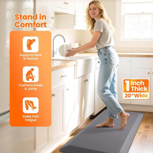 1-Inch Thick Anti-Fatigue Mat for Kitchen and Standing Desk, 20x39, Grey | Extra-thick cushioning, water-resistant surface, stain-resistant, easy to clean, non-slip bottom, kitchen floor, office