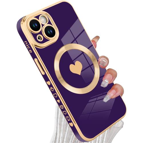 Purple Case for iPhone 15 | Magnetic, Shockproof, Compatible with Magsafe, Cute Love, Luxury, Plating Edge, Bumper Case, with Full Camera Lens Case, Phone Case, 6.1