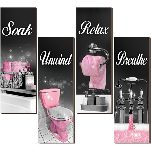 Honoson 4 Pcs Black and Pink Bathroom Decor Bathroom Picture Wall Art