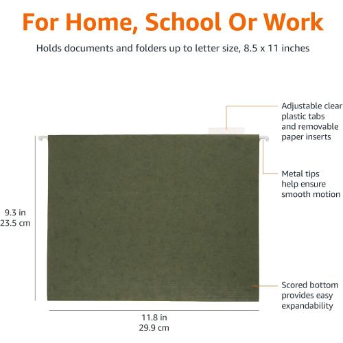 Amazon Basics Hanging Organizer File Folders for Efficient Filing, Sturdy, Adjustable Tabs, Letter Size, Pack of 25, Green