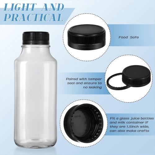 Rozer 50 Pcs Black Plastic Bottle Caps 38 mm for Empty Juice Bottles, Tamper Seal Lids Container Lids Bottle Caps for Crafts DIY, 4, 8, 12, 16, and 32 oz Container