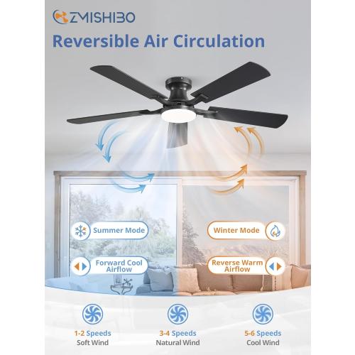 ZMISHIBO 52 Inch Ceiling Fan with Light, App&Remote Control, Flush Mount Low Profile, Dimmable 20W LED Light, Quiet Reversible Motor for Bedroom, Living Room, Apartment, Black