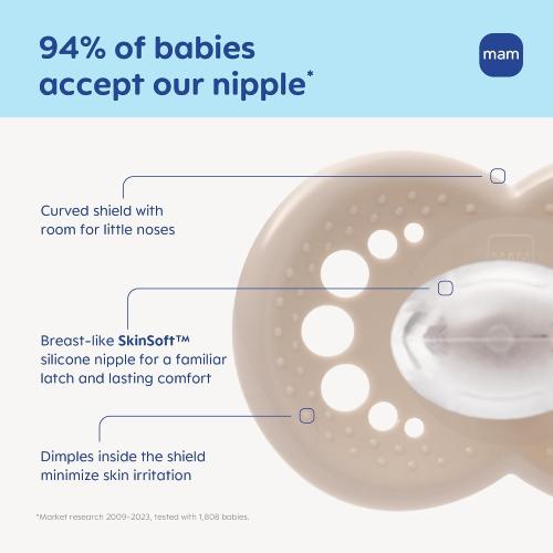 MAM Original Matte Baby Pacifiers 6-16 Months, Binky for Newborn Babies, BPA-Free Skin Soft Silicone Nipple, Easy to Clean, Developed with Medical Experts, 4 Pack, Made in Europe
