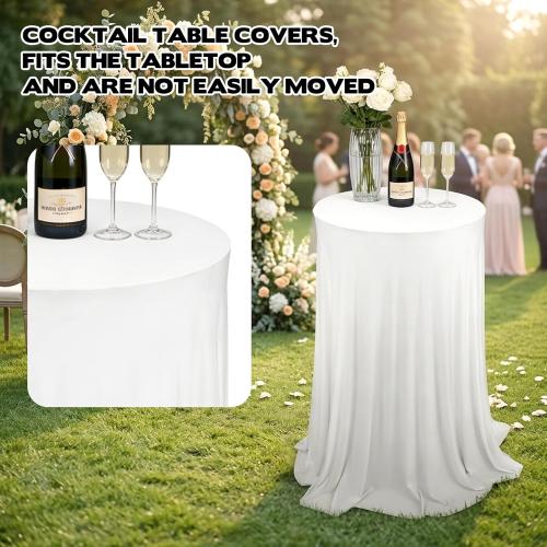 2 Pack Cocktail Table Tablecloth with Skirts 32 x 43Inch Soft Fabric Round High Top Table Cover Stretch Reusable Tablecloth Skirt Cocktail Tablecloths for Wedding Party Banquet Table Bar, White