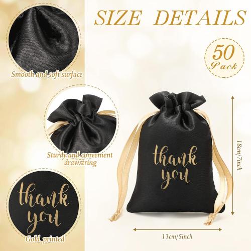 Sieral 50 Pcs Thank You Satin Gift Bags Bulk, Black, Gold, 5 x 7 Inch
