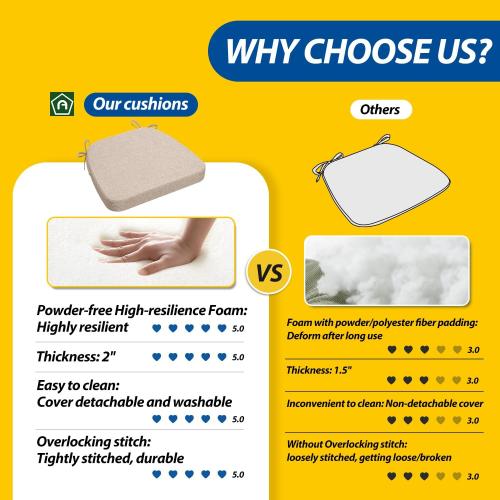 AAAAAcessories D-Shaped Chair Cushions, 2 Thick Dining Chair Pads with Ties and Removable, Machine-Washable Cover, 17 x 16, Set of 6, Oatmeal Beige