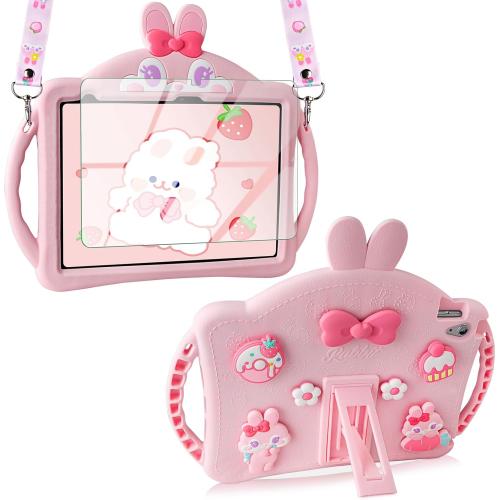 VOFUOE for iPad 10th Generation Case 10.9 Inch 2022 Kids Girls for iPad A16 Case 11th Generation 2025 with Screen Protector Shoulder Straps Handle Cute Rabbit Soft Silicone Tablet Cover-Pink