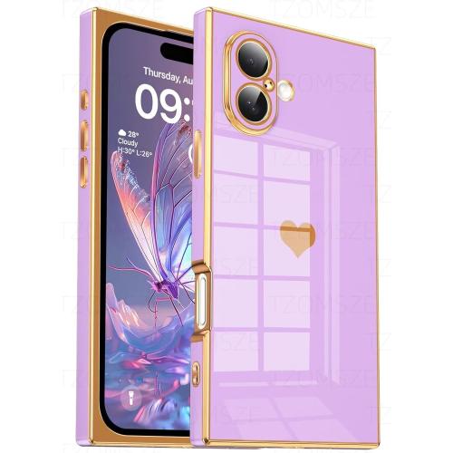 Tzomsze Compatible with iPhone 17 Case,Camera Protection Cute Heart Pattern & Electroplate Reinforced Corners Shockproof Edge Bumper Case for Women Girls 6.3 Inch-Light Purple