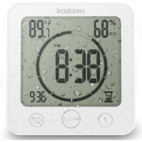 KADAMS Shower Clock Waterproof Bathroom Timer – Digital Wall Clock with Countdown, Magnetic Kitchen Clock with Temperature & Humidity, Suction Cup for Kids Shower Spa Sauna Cook Bath, White