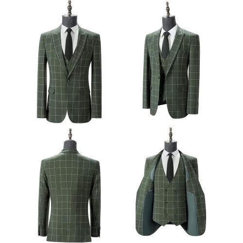 Size XXL color green Men's Slim Fit 3 Piece Plaid Suit Set,Business Formal Attire Solid Blazer Jacket Vest Pants