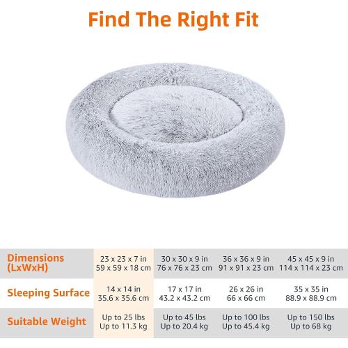 Amazon Basics Washable Donut Pet Bolster Faux Fur Bed with Removable Cover, Anti-Slip Bottom for Dog, Grey, 23 x 23