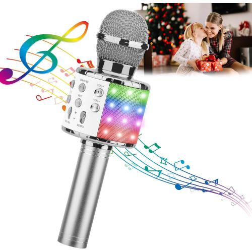 ShinePick Karaoke Microphone, 4 in 1 Wireless Microphone with LED Lights Handheld Portable Karaoke Machine, Home KTV Player, Compatible with Android & iOS Devices (Silver)