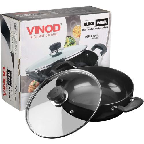 Vinod Black Pearl Hard Anodized Deep Kadhai with Glass Lid – Black - 3.1 Liters (3.2 Quarts) – 24cm – Riveted Handles - Multi-Use Pot/ Wok - Suitable For Indian Cooking, Sauces, Pasta, Stews, Soups‼️missing glass lid‼️