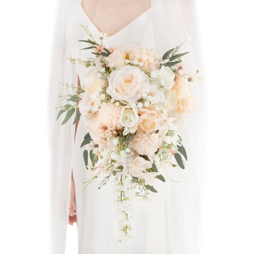 11 Inch Champagne Wedding Bouquets for Bride White Artificial Roses Flower Cascading Bridal Bouquet for Rustic Boho Fall Vintage Wedding Ceremony Party and Anniversary