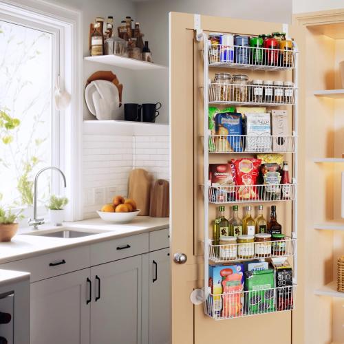 Delamu Large Over the Door Pantry Organizer, 6-Tier Metal Pantry Door Organization and Storage for Easy Install, Hanging Spice Rack Seasoning Shelves for Cabinet & Kitchen, D6.7xW17.5xH53.7 in, White
