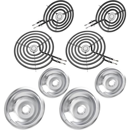Set of 4 Electric Stove Burner Element Replacement Set & W10290350 W10290353 4 Pack Silver Drip Pans - Perfectly Fit Whirlpool Electric Range Stove Top