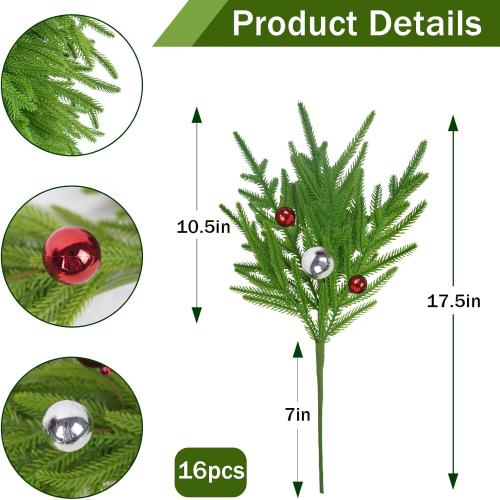 16 Pcs Artificial Pine Branches Fake Greenery Norfolk Pine Picks 17'' Artificial Christmas Berry Stems Xmas Pine Needles for Holiday DIY Crafts Flower Arrangements Decoration