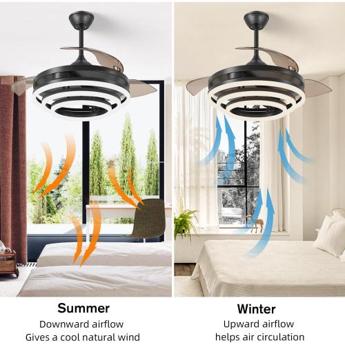 TXCSLY Retractable Ceiling Fan, 42 Inch Chandelier Ceiling Fans with Light, Modern Fandelier Ceiling Fan for Bedroom Living Room Dinning Room, Reverse Motor, 3 Color Temperature, 6 Wind Speed-Black